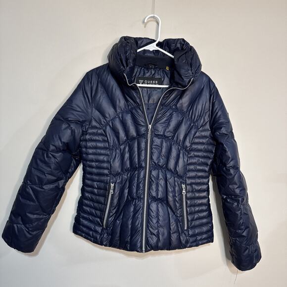 Guess Womens Jacket Quilted Puffer Insulated Zip Front Mock Collar Navy Blue M - Picture 1 of 16